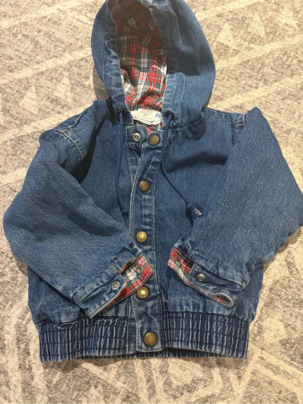 Vintage OshKosh B'gosh Blue Denim Hooded Jacket with Red Plaid Lining